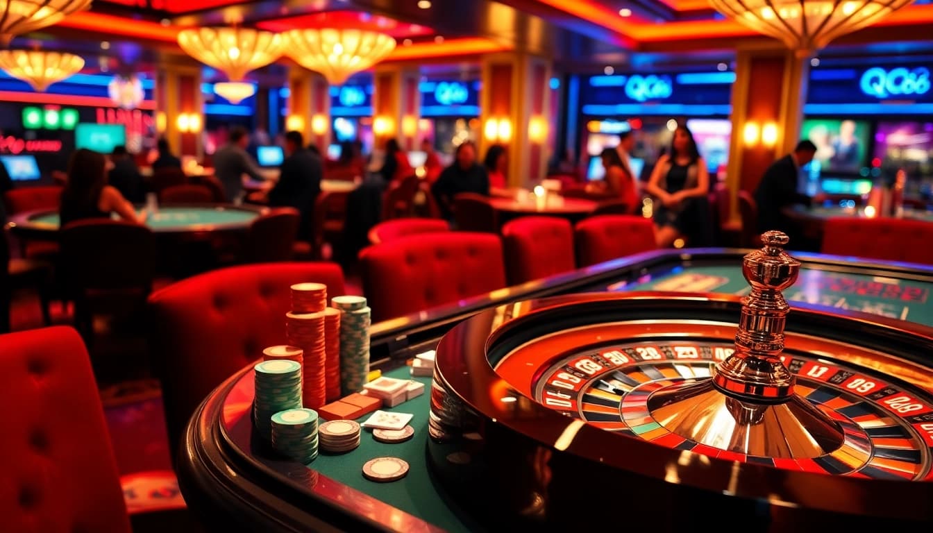 Excited gamblers playing on a luxurious QQ88 casino table with poker chips and cards.