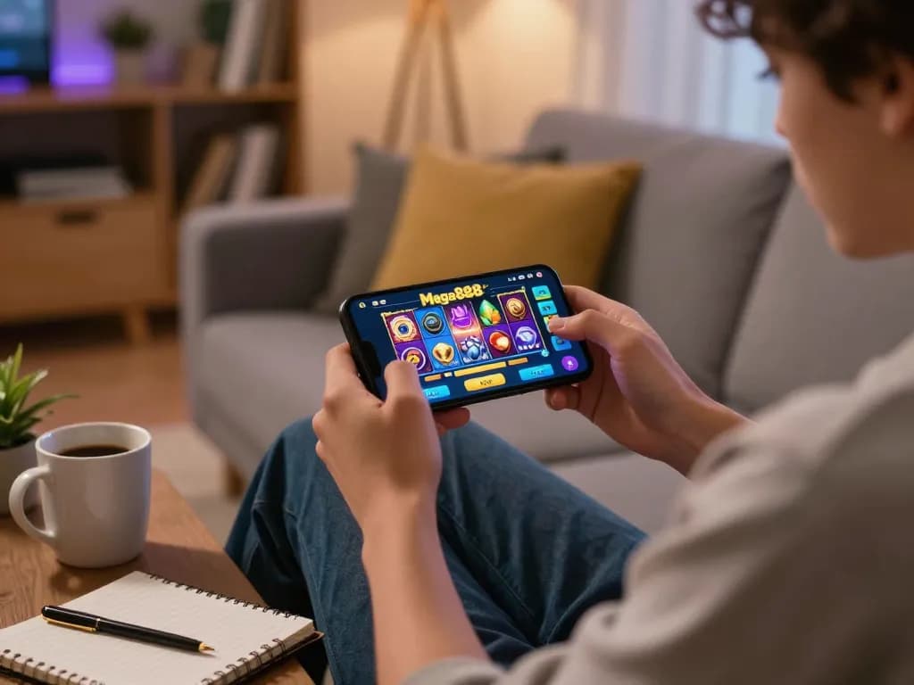 Engaging gameplay on Mega888 APK in a cozy home setting with smartphone and strategy notes
