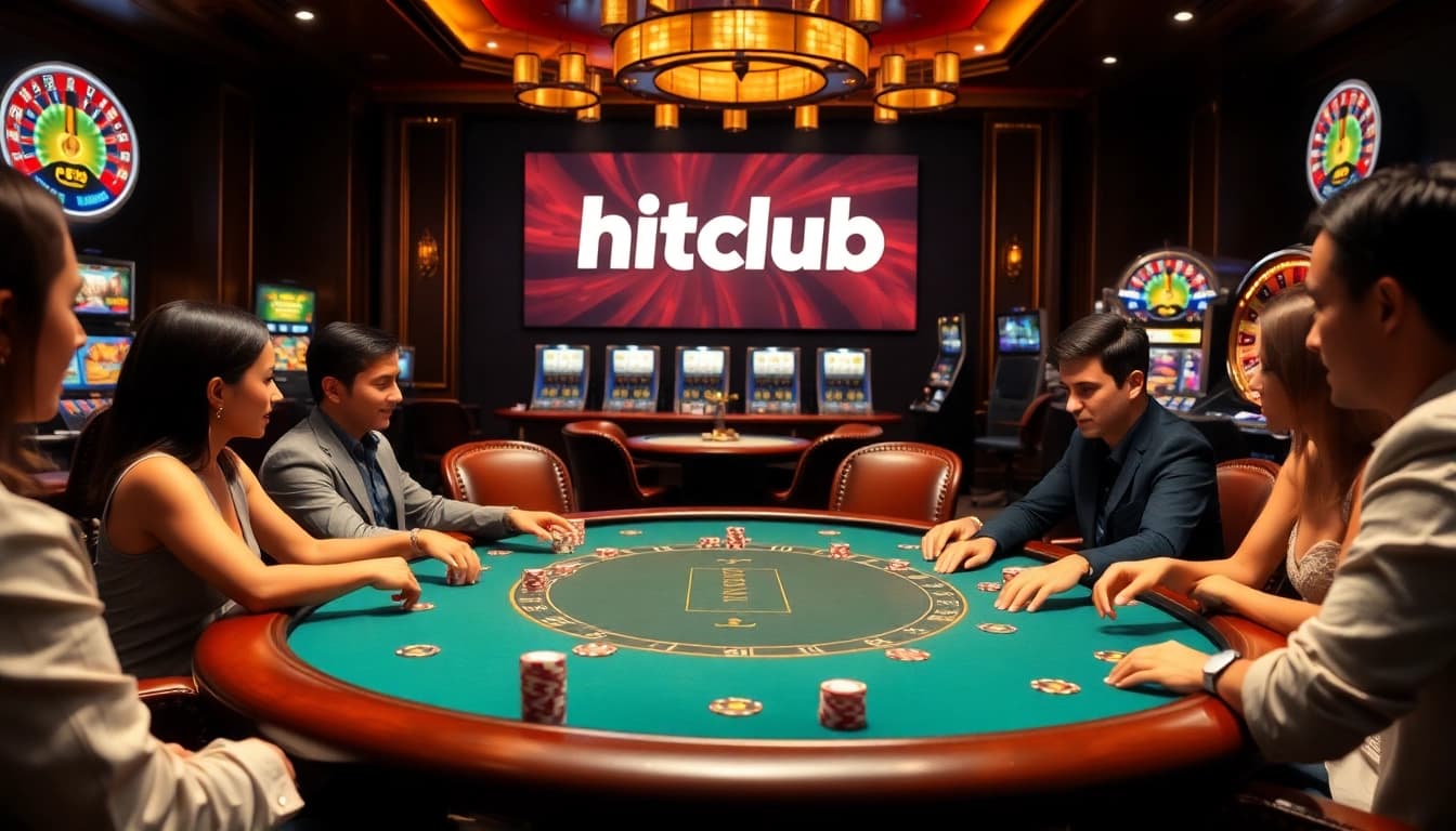 Hitclub players enjoying a vibrant and exciting poker game at a luxurious casino table.
