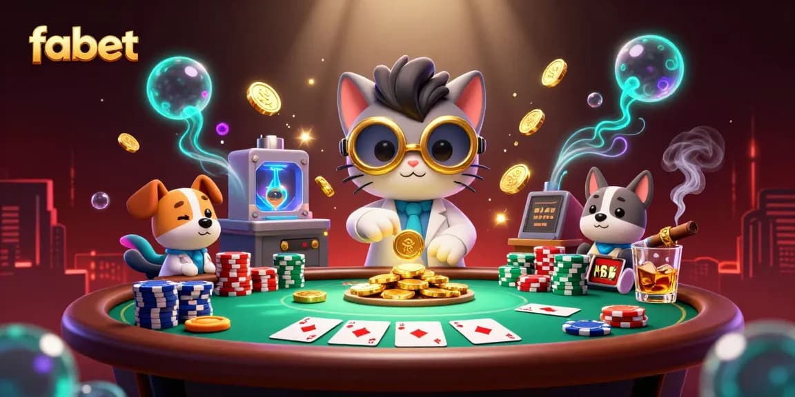 fabet showcases a lively casino scene with a cartoon mad scientist creating gold coins.