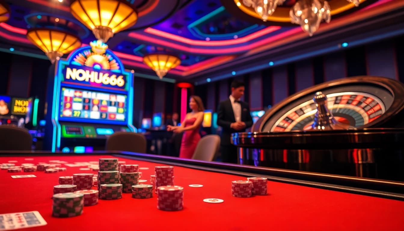 Players engaging with NOHU666 slot machines in a vibrant, luxury casino atmosphere.
