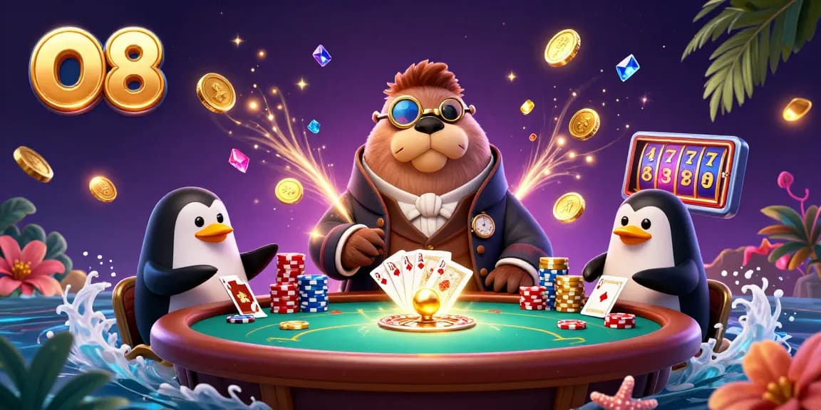 Engage in thrilling gameplay at O8 with a poker scene featuring charming characters and dynamic casino elements.