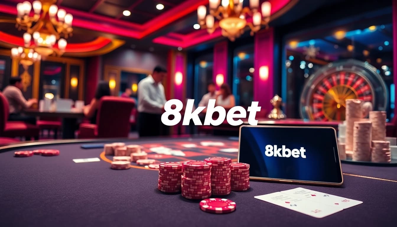 Experience thrilling wins at 8kbet with exciting card games, vibrant poker chips, and a luxurious casino atmosphere.