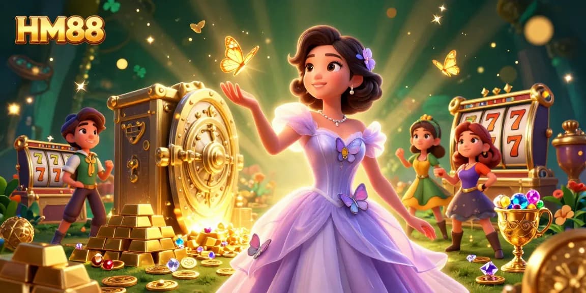Play online casino games at HM88 surrounded by riches and golden treasures.