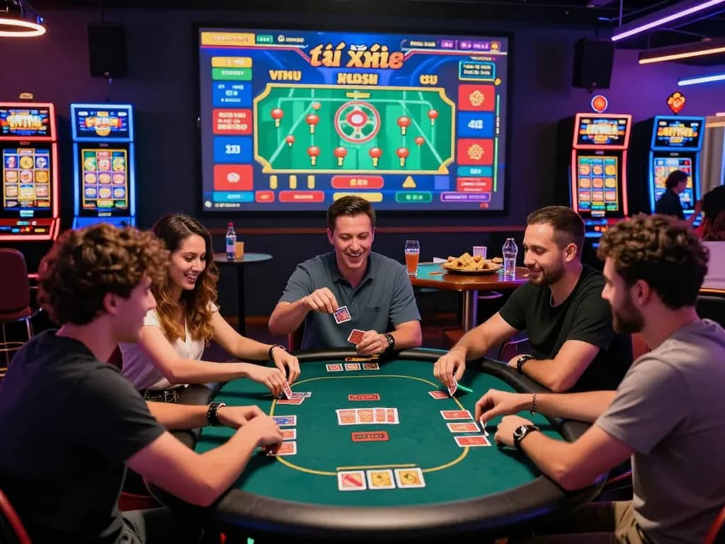 Players enjoying a lively game at rikvip online casino with vibrant atmosphere and colorful displays.