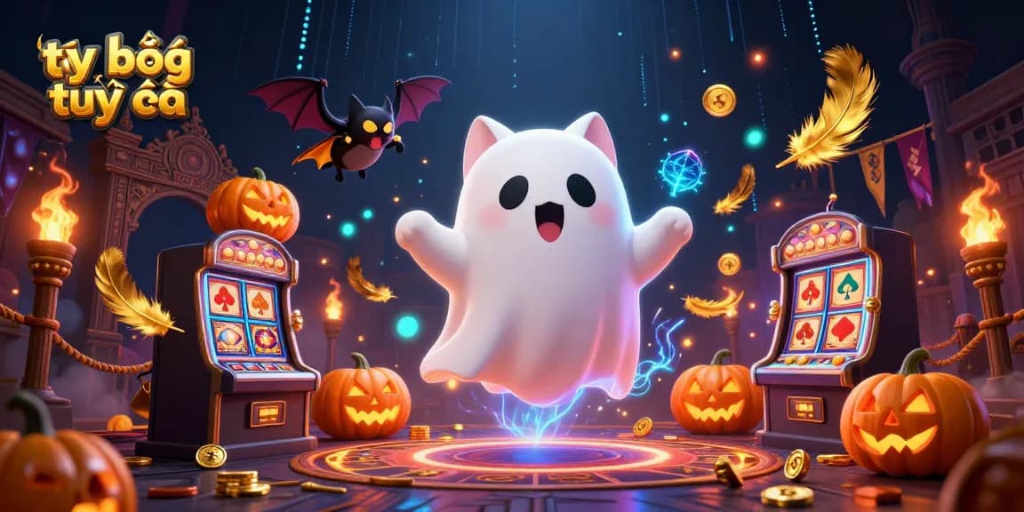 Tỷ lệ bóng đá trực tuyến displayed with an energetic 3D scene featuring a friendly ghost cat and a vampire bat amidst glowing jack-o-lanterns.