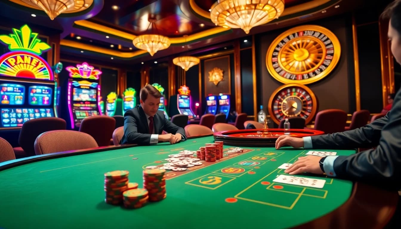 Engaged players at a vibrant poker table in an elegant casino setting, highlighting 98WINS CO COM.