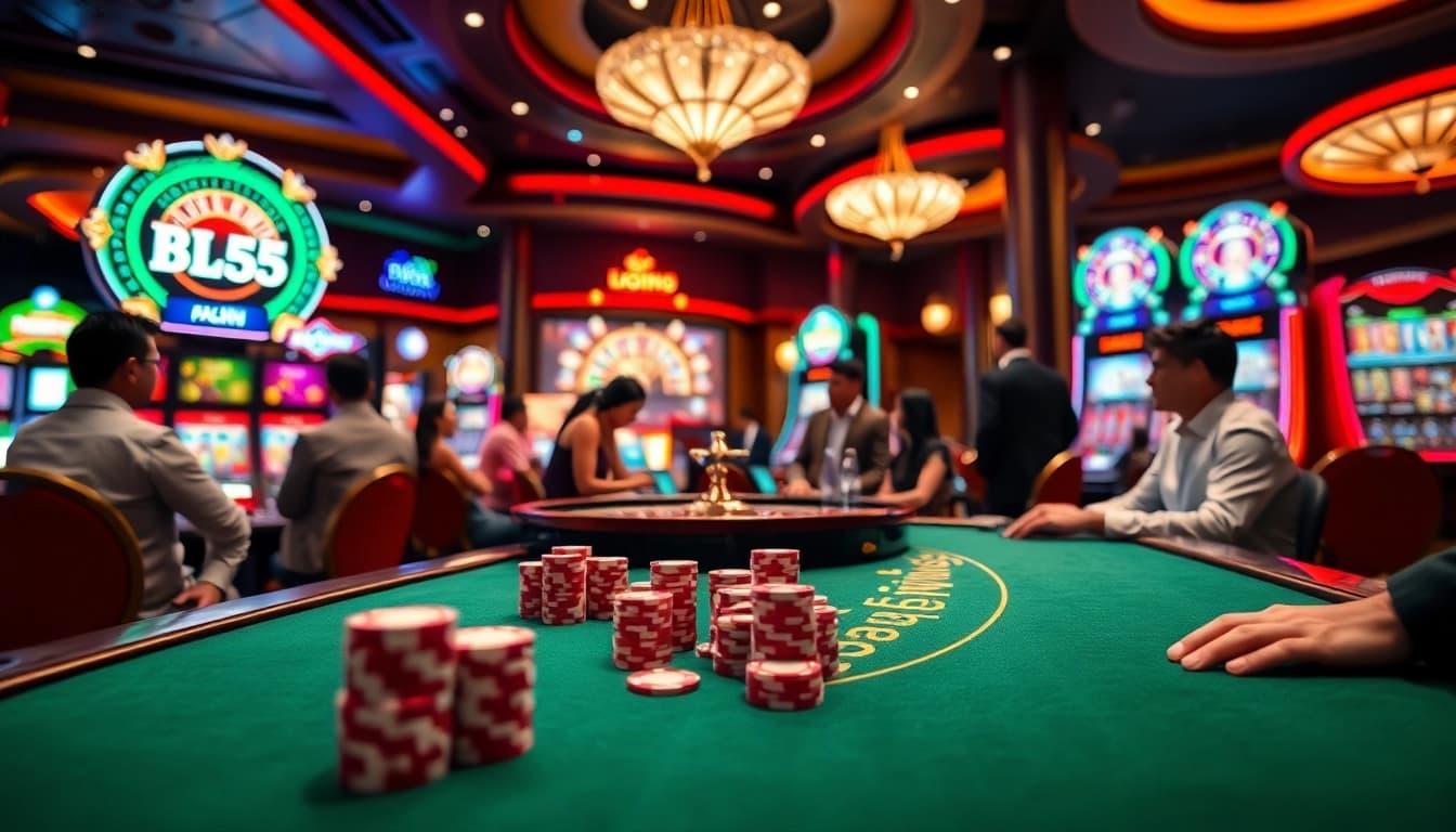 Players engaging at BL555's luxurious casino table surrounded by vibrant slot machines.
