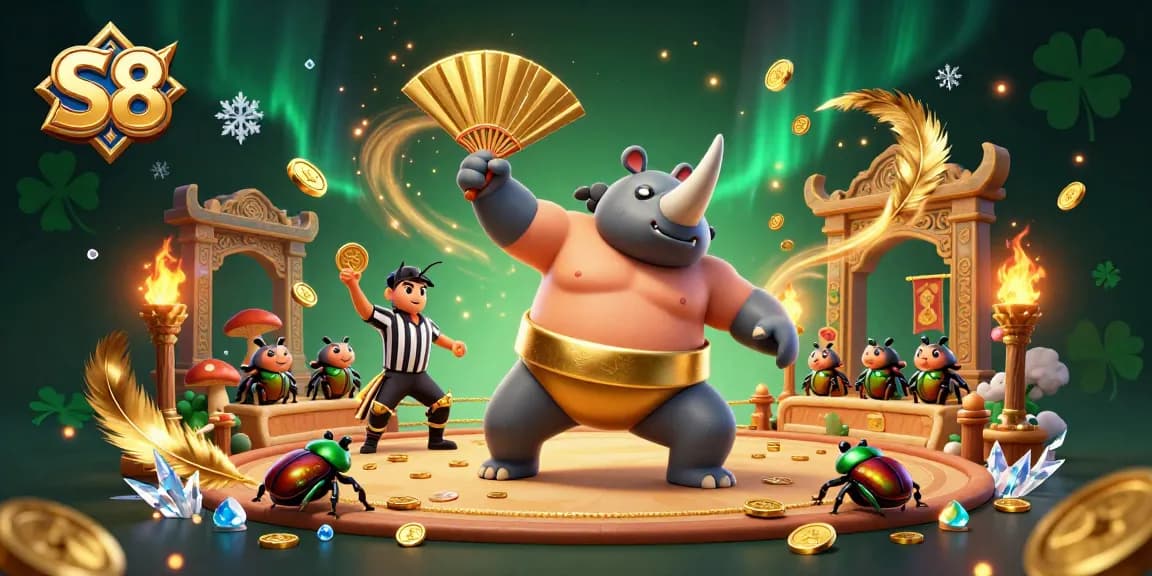 S8 attracts players with engaging animations of a rhinoceros beetle champion surrounded by gold coins and betting tokens.