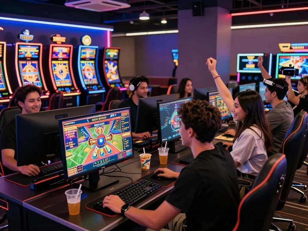 Celebration of a win at gem88 online casino with friends in a vibrant gaming environment.