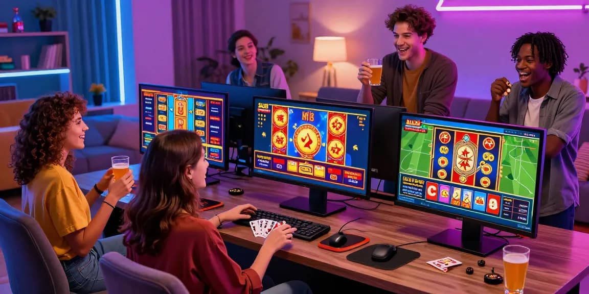 Diverse friends enjoying online gaming on au88 platform in a lively living room atmosphere.