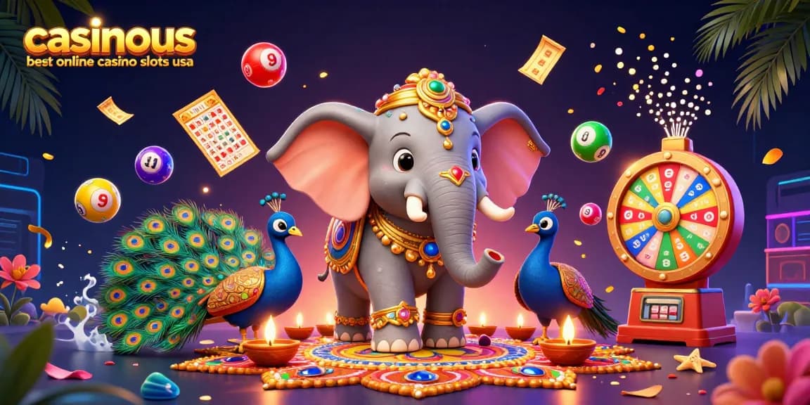 Experience the thrill of winning with casinous best online casino slots usa in a colorful, lively scene of festive elepant and peacock surrounded by gaming elements.