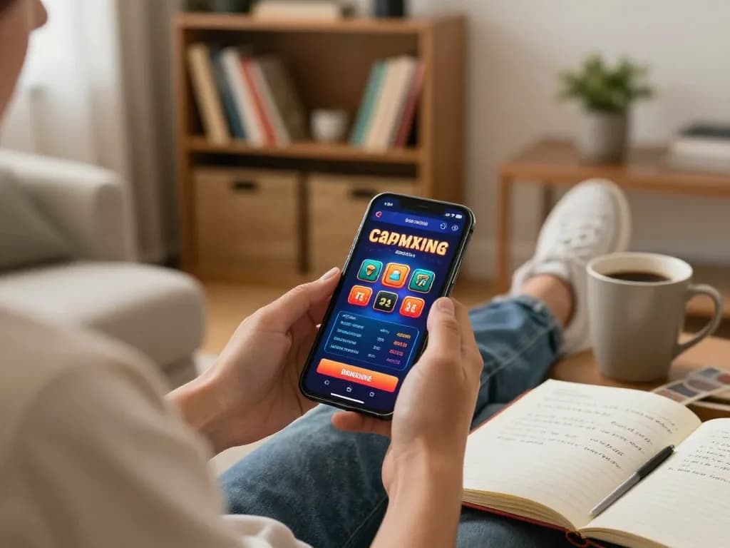 Engaging with the go89 casino app on a smartphone, showcasing strategic betting and a cozy home environment.