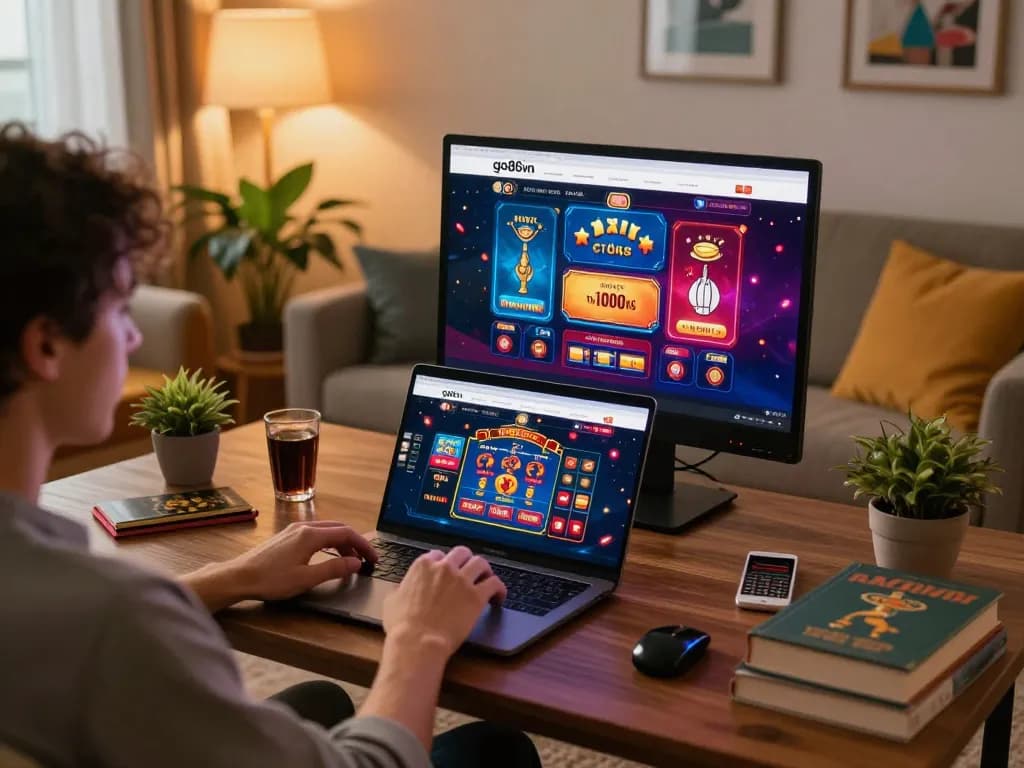 Engaging home gaming scene with go86vn casino website displayed on laptop.