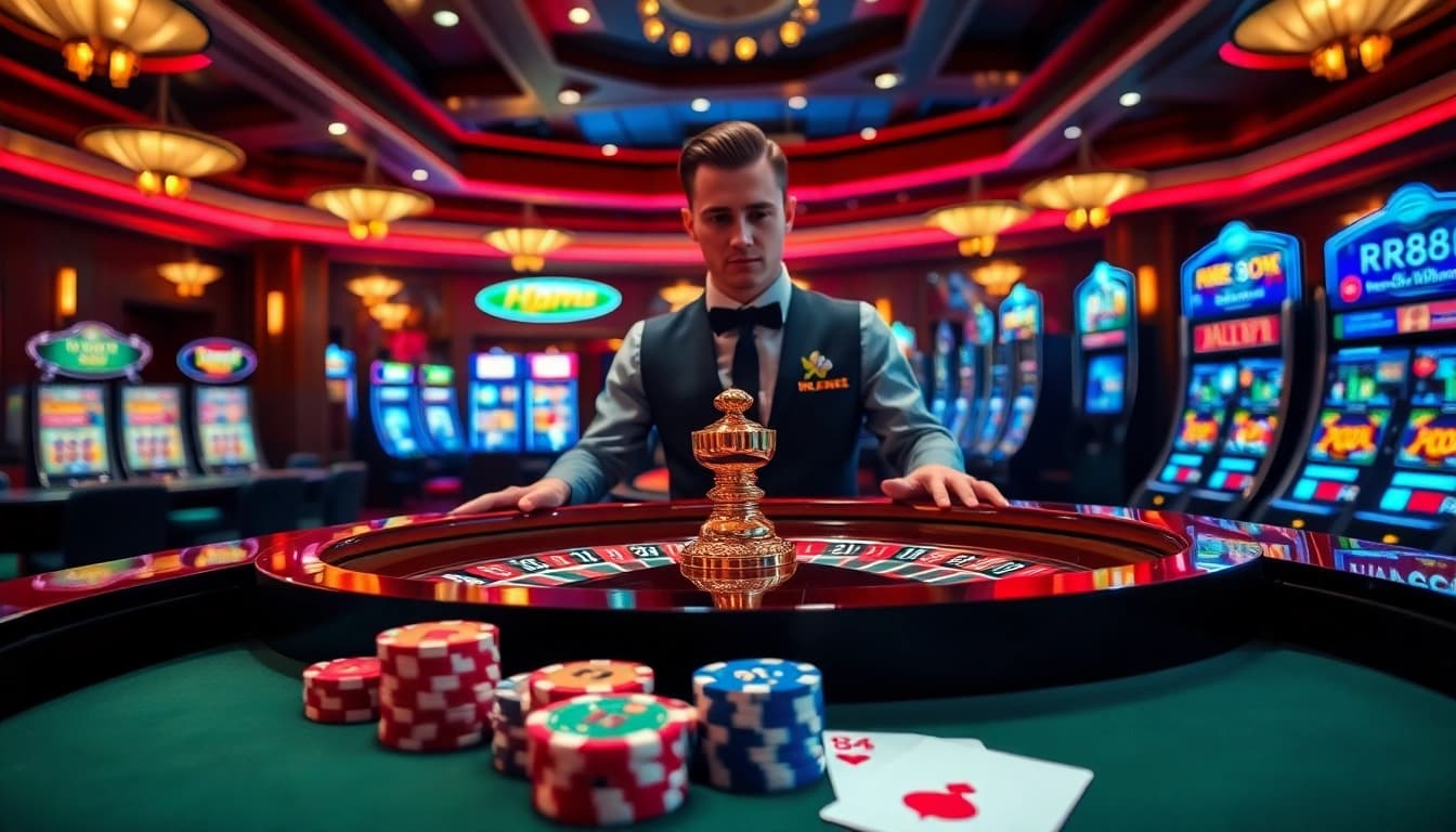 RR88 casino scene showcasing a roulette table and poker chips in an elegant setting, inviting excitement.