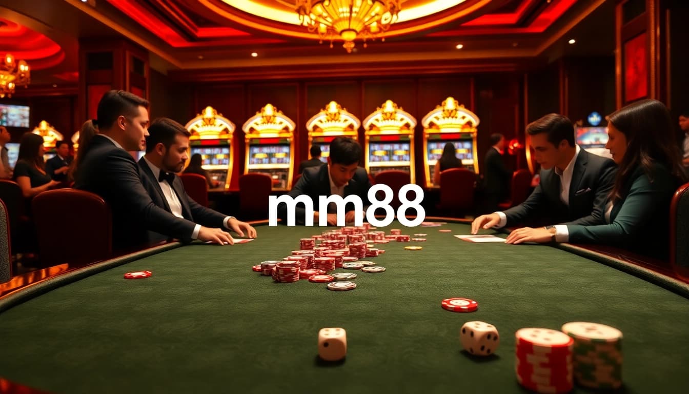 Engage in exciting gameplay at MM88's luxurious casino with vibrant poker setups and thrilling slot machines.