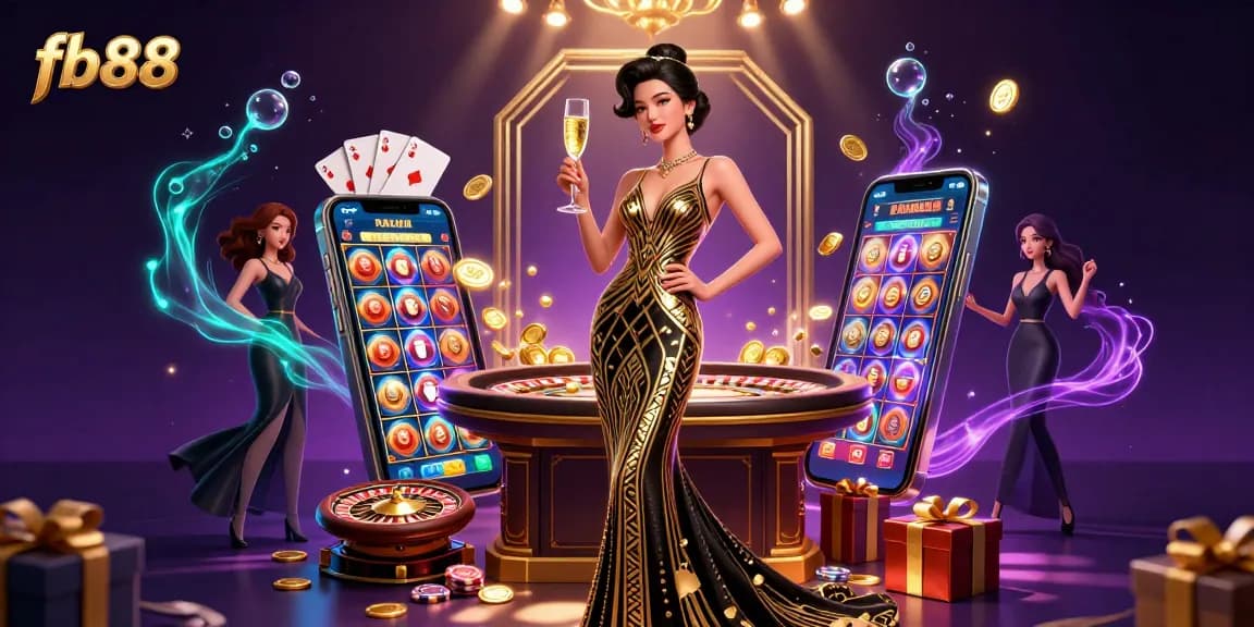 Experience the thrill of gaming with fb88's dazzling casino illustration featuring exciting games and elegance.
