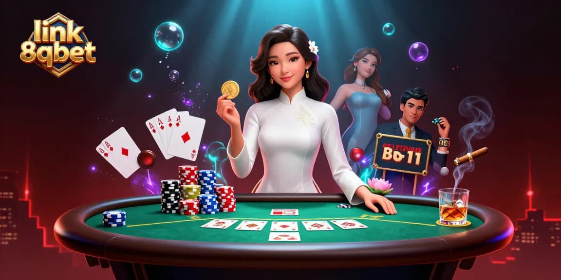 Join the excitement with link 8qbet at the vibrant poker scene, showcasing Asian elegance and thrilling bets.