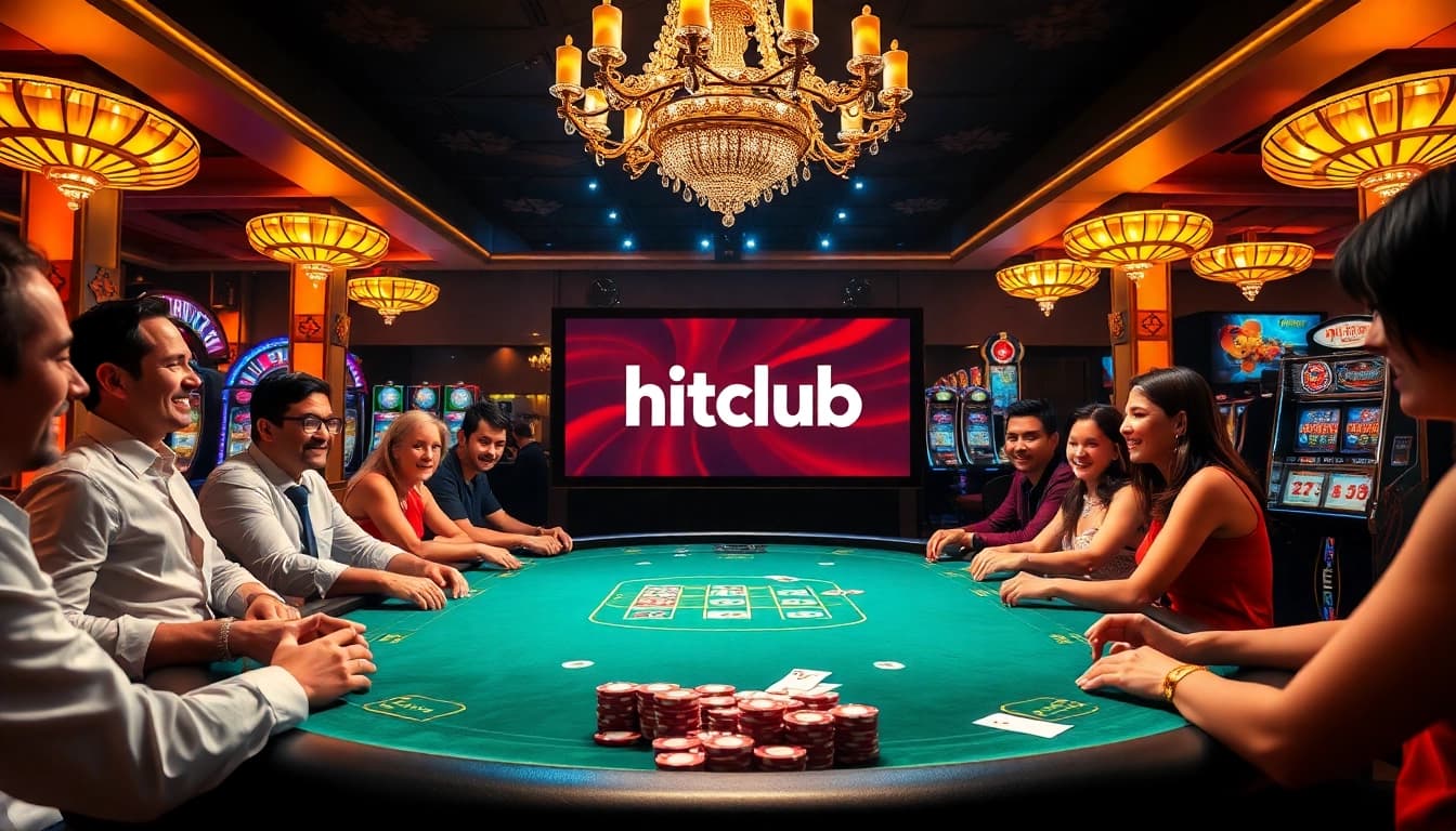 Engage in thrilling poker action at HitClub's elegant casino, featuring vibrant chips and cards.