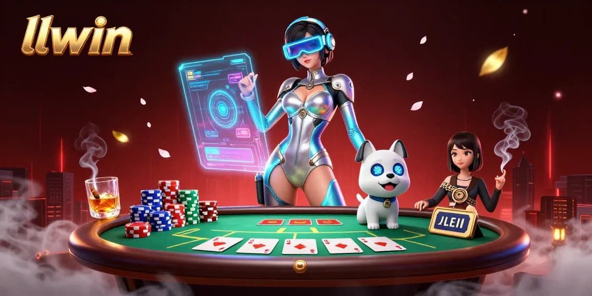 Engage with LLWIN as a stunning 3D woman and robot dog amidst a vibrant casino scene.