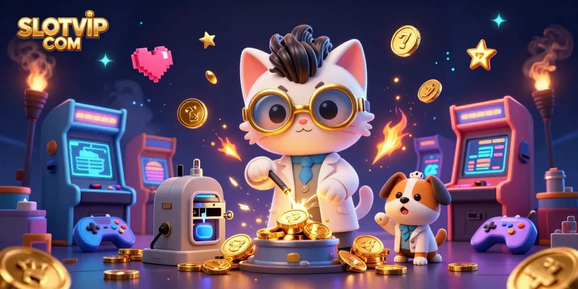 Experience winning slots at SLOTVIP COM with a vibrant mad scientist cat and colorful casino elements.