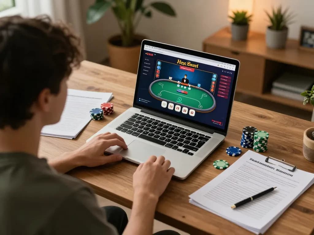 Player engaging in poker strategy using gi8 platform at home, enhancing gaming experience.