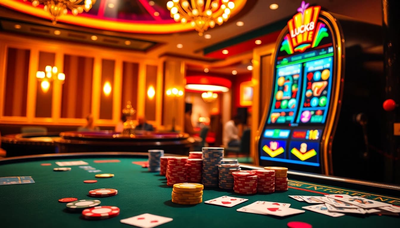 LUCK8 Casino table with vibrant poker chips and exciting roulette wheel scene