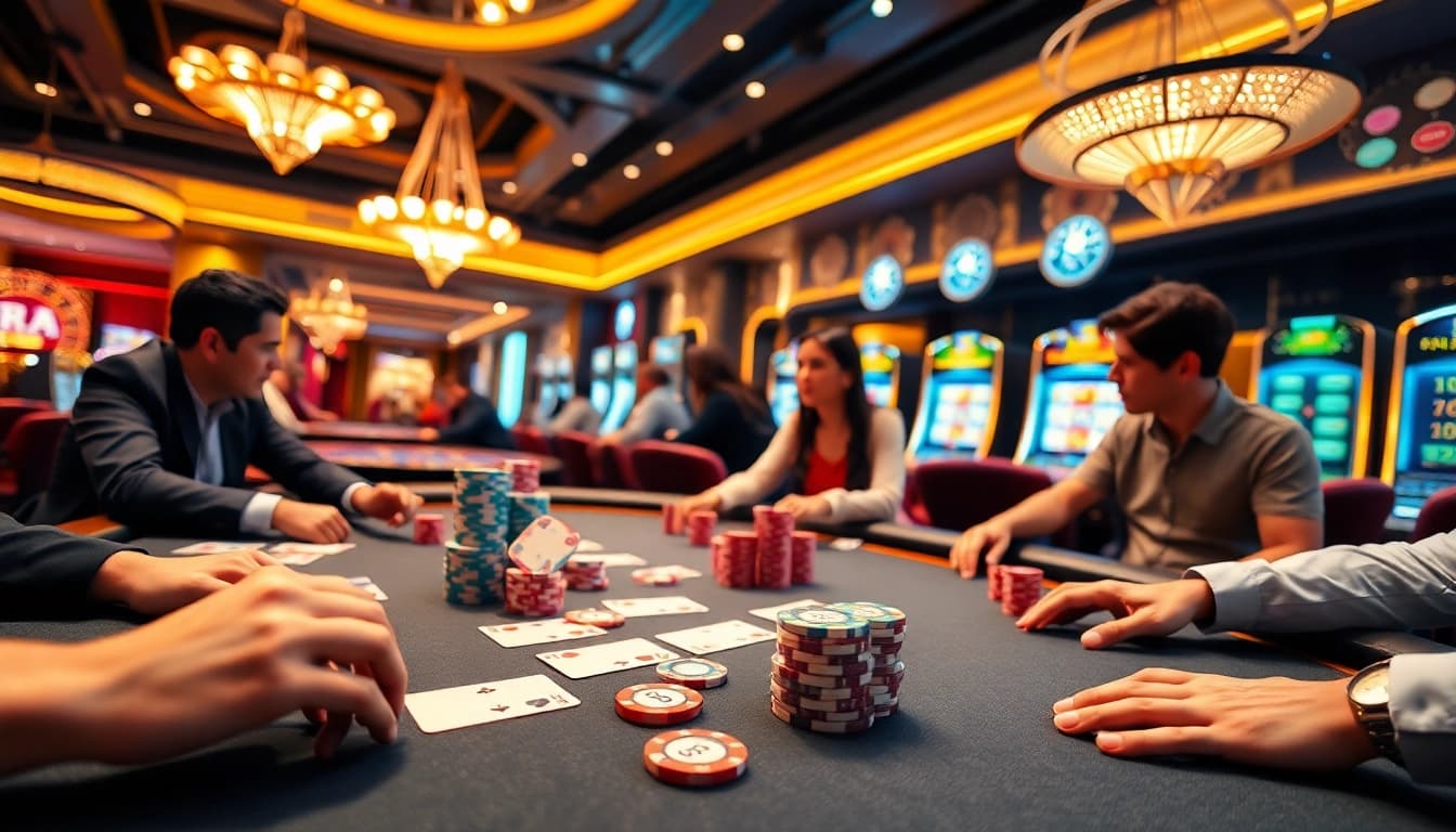 Players enjoying a poker game at https://cm888.mobi/, surrounded by colorful chips and a bright casino atmosphere.