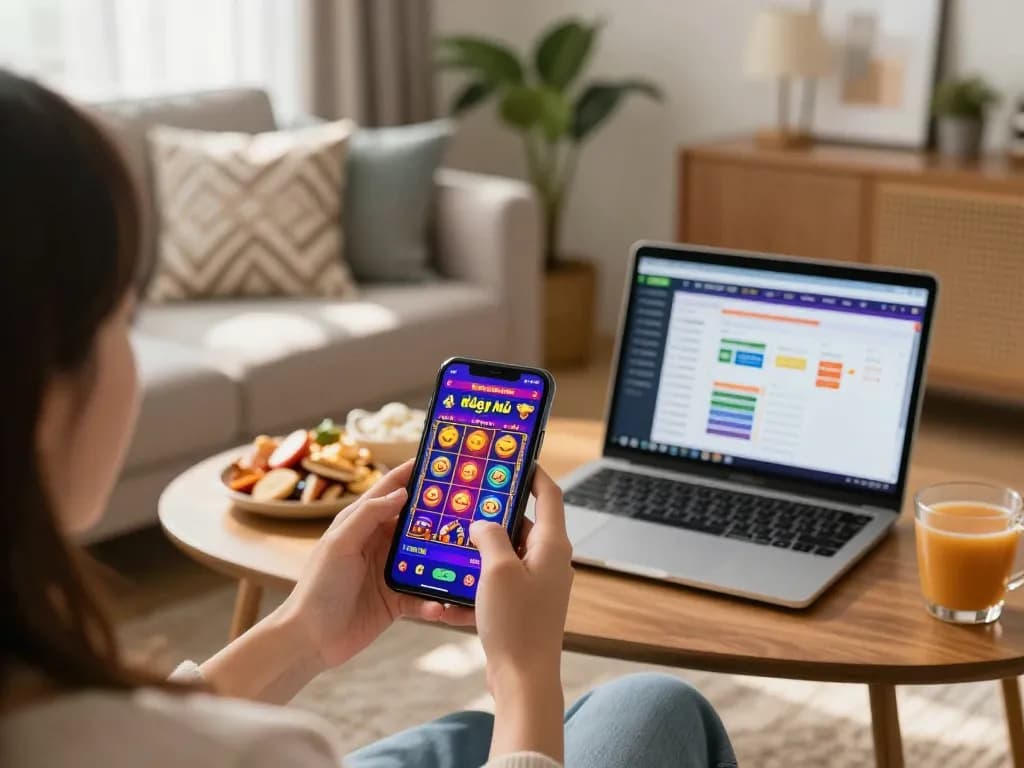 Engaging in nổ hũ gameplay on a mobile device, showcasing a cozy home gaming atmosphere