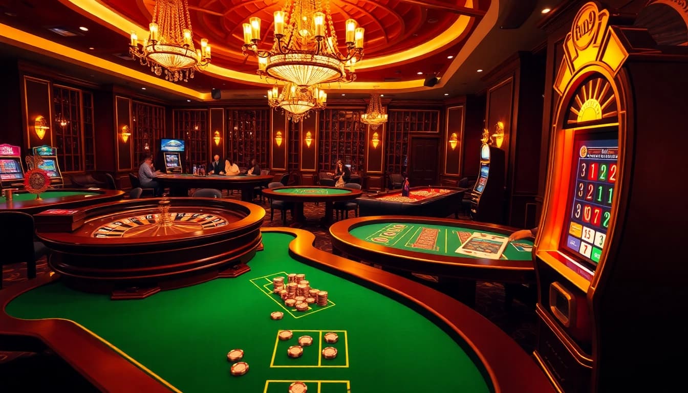 Players enjoying an exciting gambling experience at fun79 casino tables with vibrant poker chips.