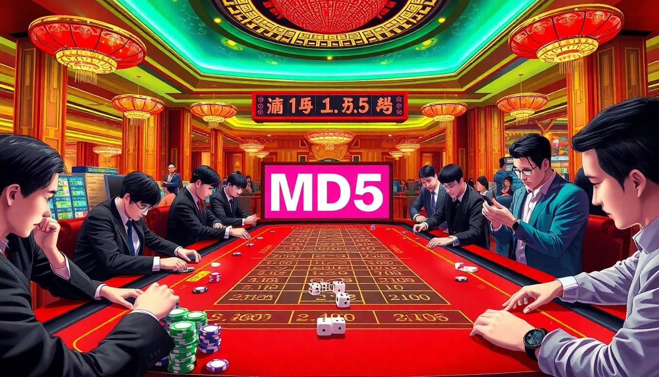 Tài xỉu MD5 players strategizing bets at a colorful casino table.