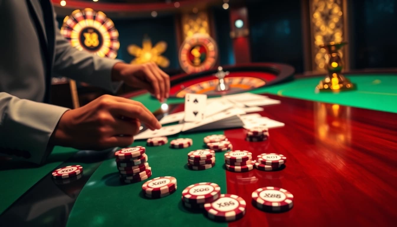 Experience the excitement of the XX88 casino table with vibrant poker chips and a roulette wheel.