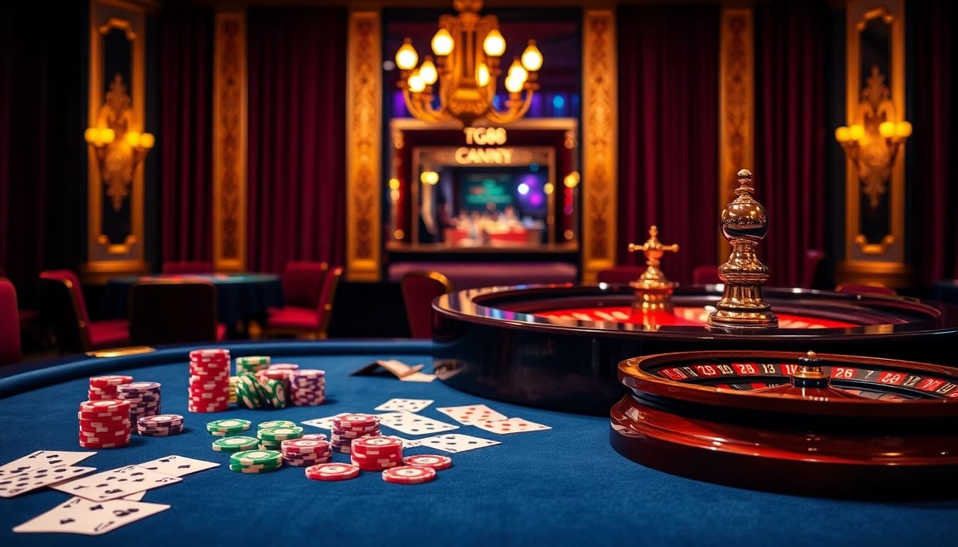 Experience high-stakes gameplay at the TG88 casino, featuring vibrant poker chips and roulette.