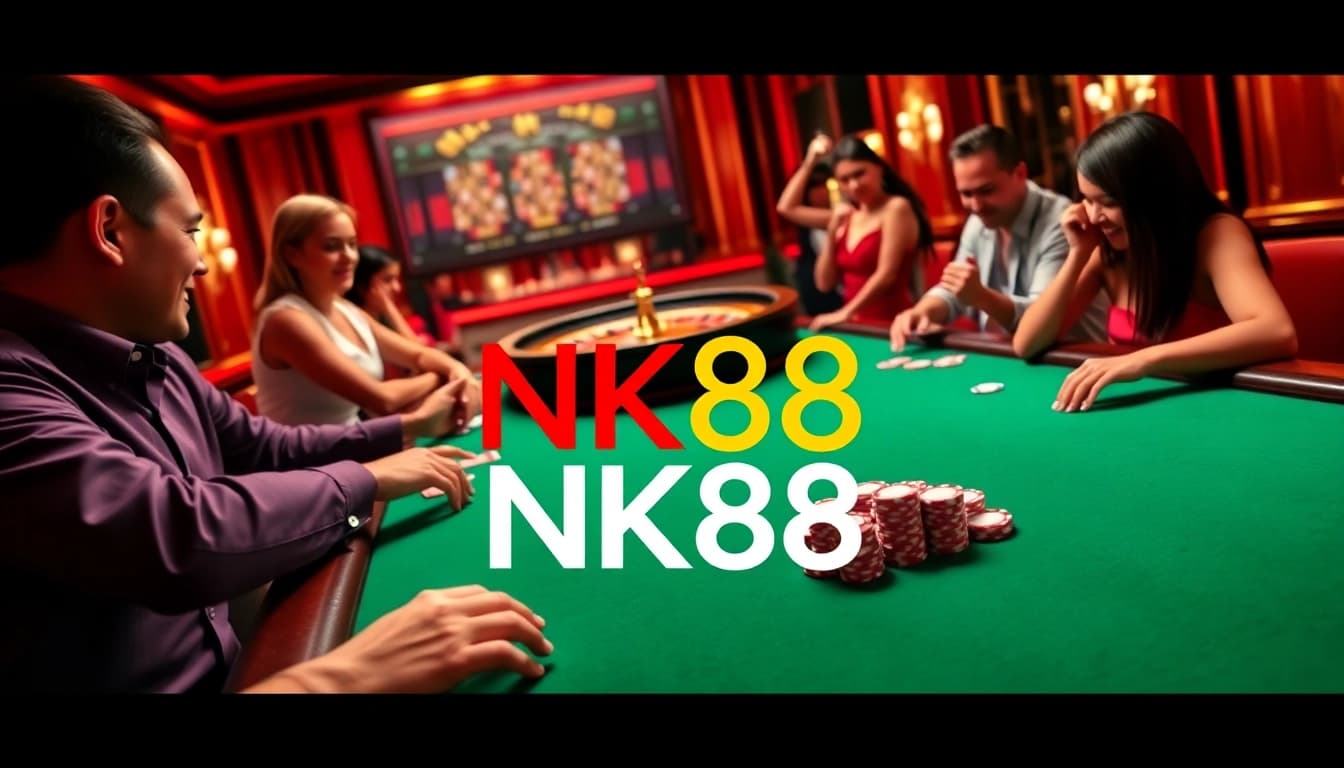 Engage in thrilling gambling action at NK88's luxurious casino environment with vibrant poker games.
