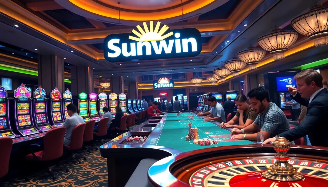 Exciting high-stakes gameplay at Sunwin casino, showcasing vibrant slot machines and poker action.