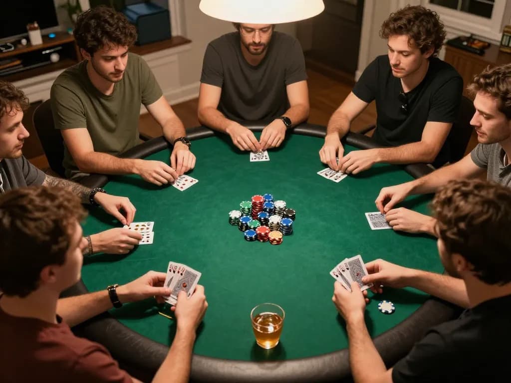 A group of friends enjoying a lively poker game night, showcasing the b52club's fun and strategic atmosphere.