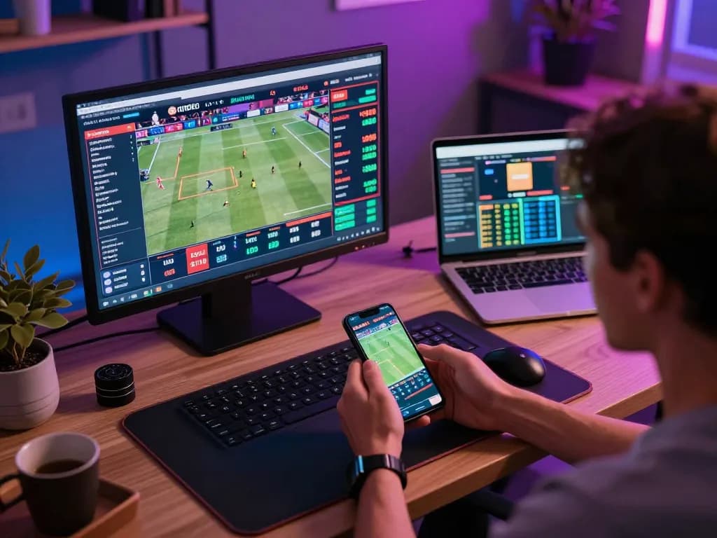 Sbobet sports betting scene with a player using a smartphone to place live bets on a dynamic game.