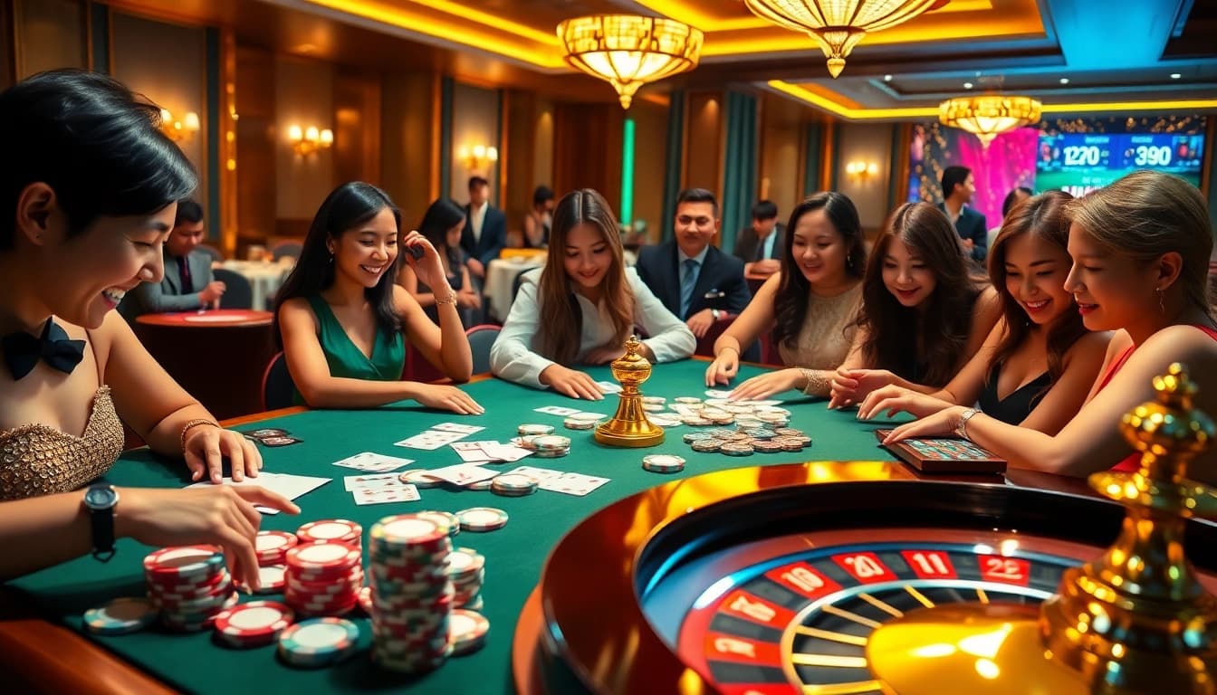 Players enjoying high-stakes games at HZ88 casino, showcasing excitement and strategy.