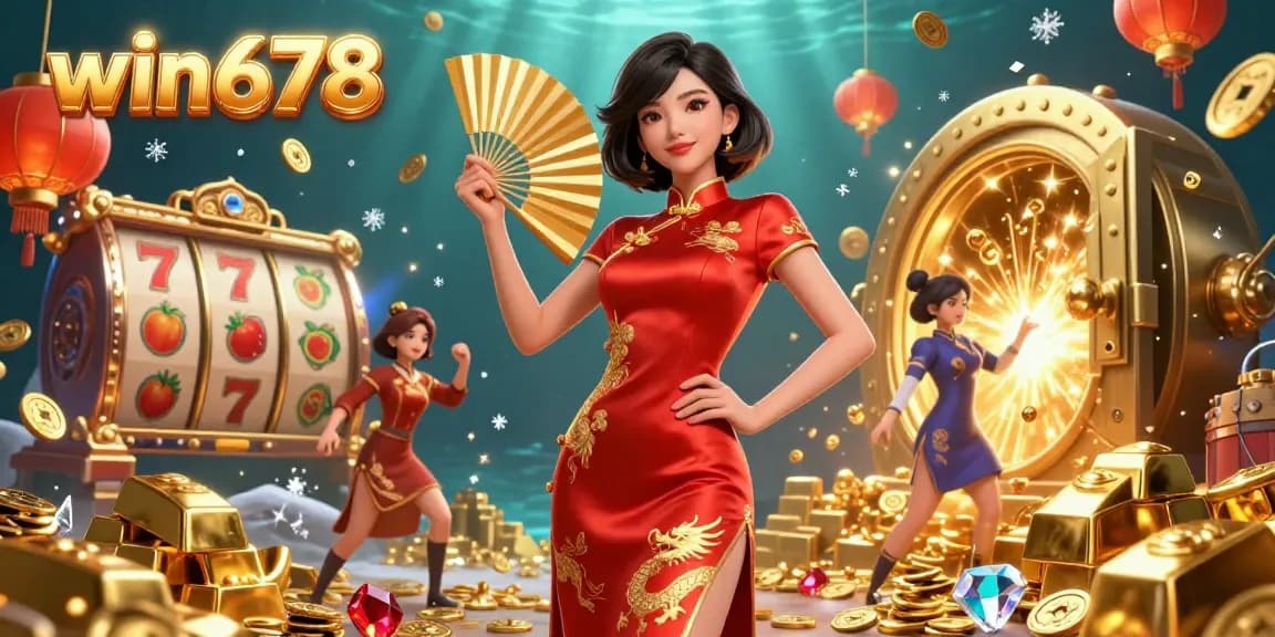 Experience the vibrant world of win678 as players dive into thrilling slot games amidst golden treasures and festive elements.