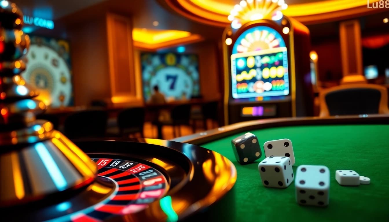 Exciting Lu88 casino scene featuring a roulette wheel, vibrant chips, and a dynamic slot machine.