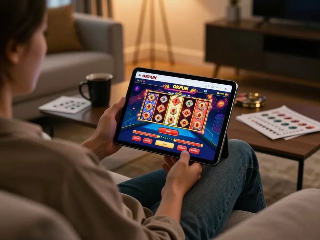 Engage in exciting gameplay with OKFUN on a tablet in a cozy home setting