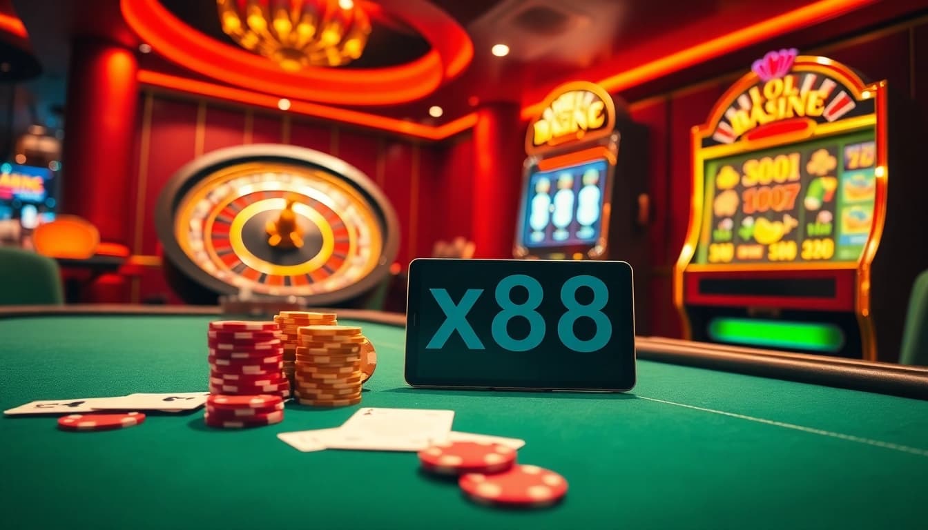 Experience thrilling games at https://x88.diy/ with vibrant casino visuals of poker, roulette, and slots.