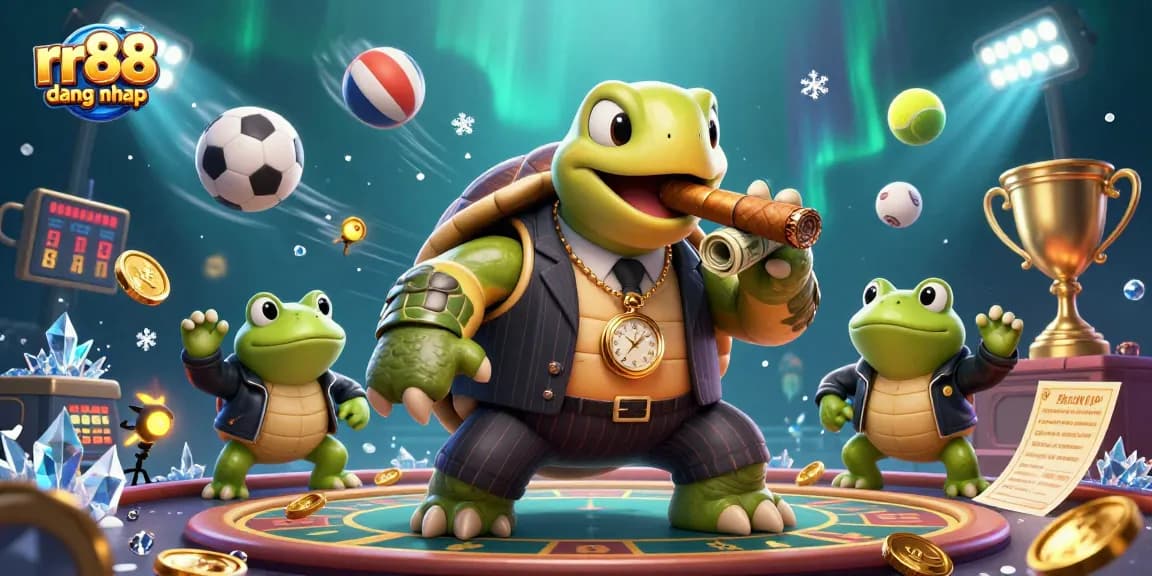 Experience gaming excitement with rr88 dang nhap featuring a cartoon turtle and bullfrog enforcers amid vibrant casino elements.