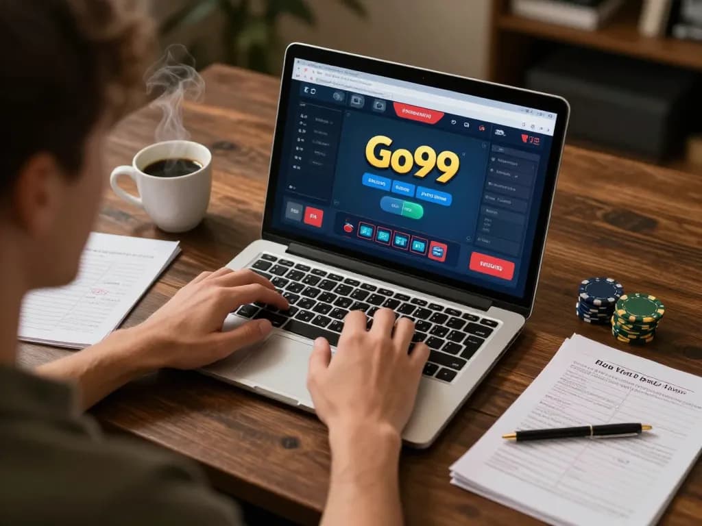 Engaged gamer analyzing strategies on Go99's online poker interface during a cozy home session