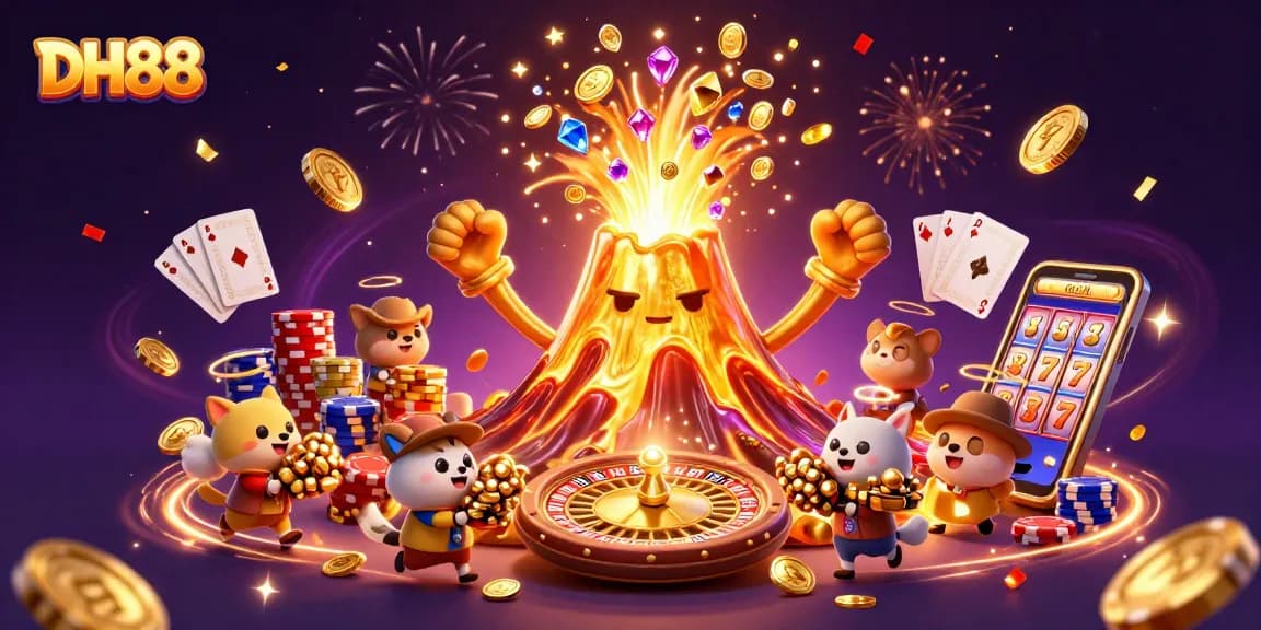Experience the excitement of DH88 with a vibrant 3D casino scene featuring a golden volcano erupting with treasure and games.