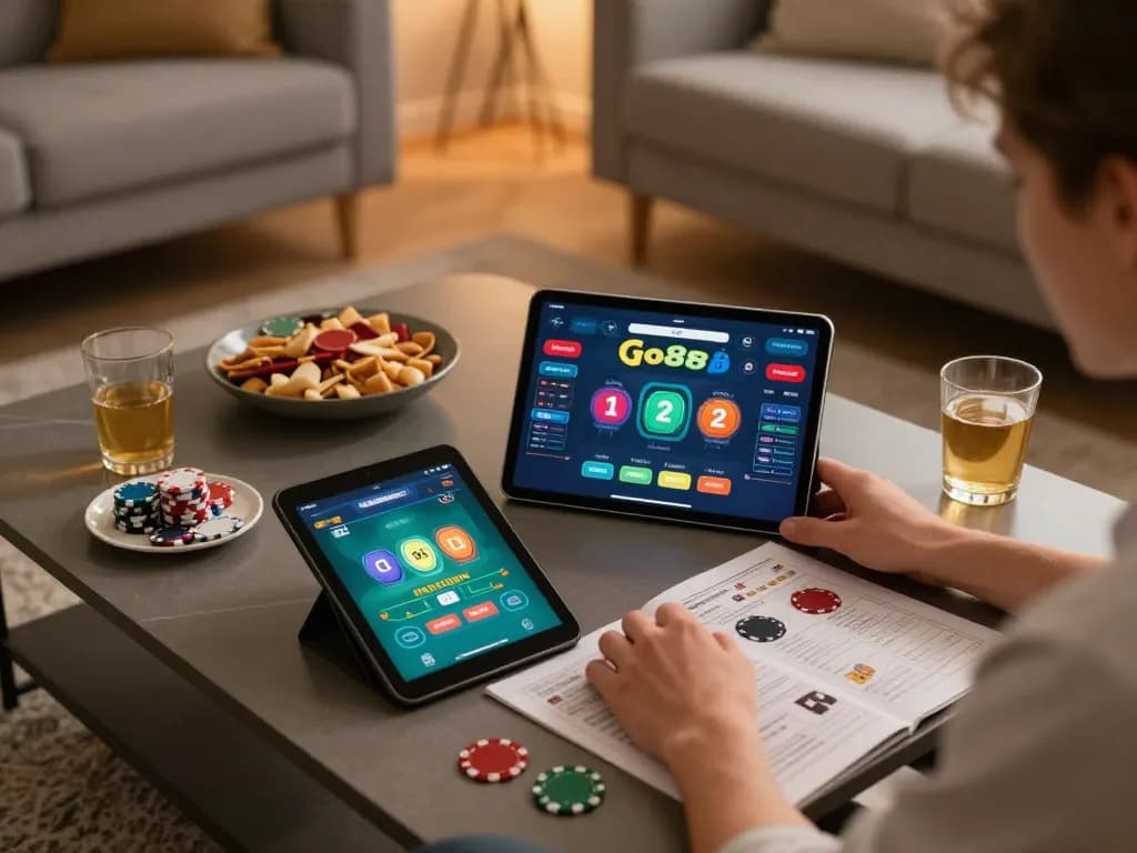 Hands placing bets on Go88 poker app during a cozy home gaming night.