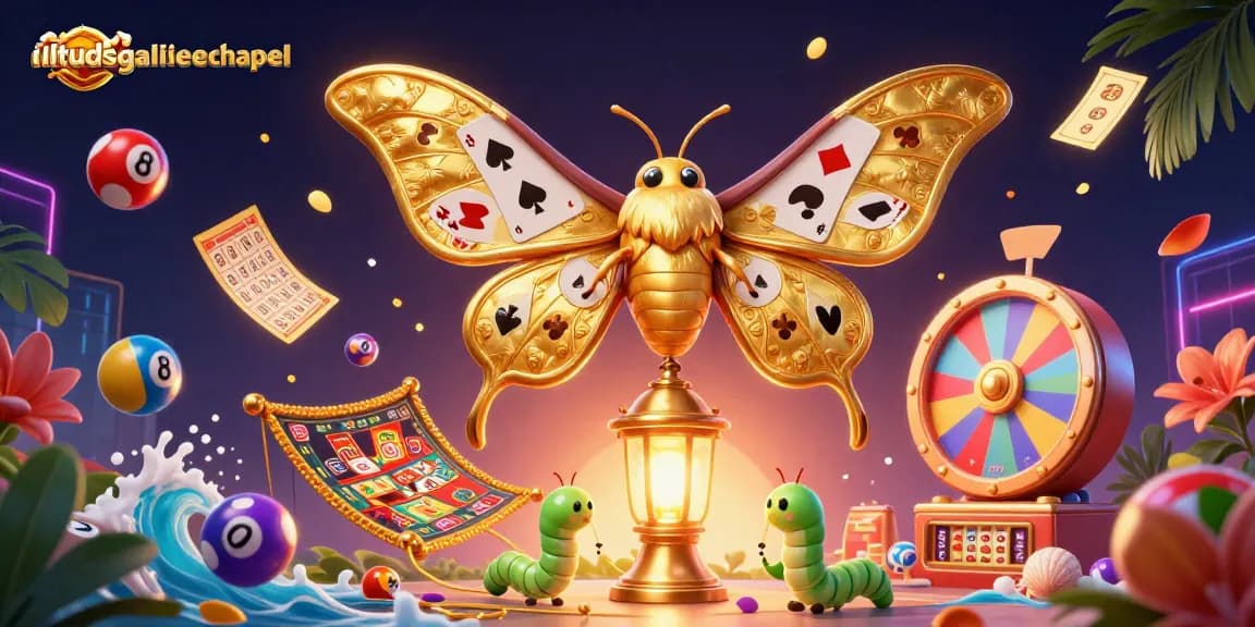 Engage with illtudsgalileechapel's vibrant casino world featuring a majestic atlas moth and colorful game elements.