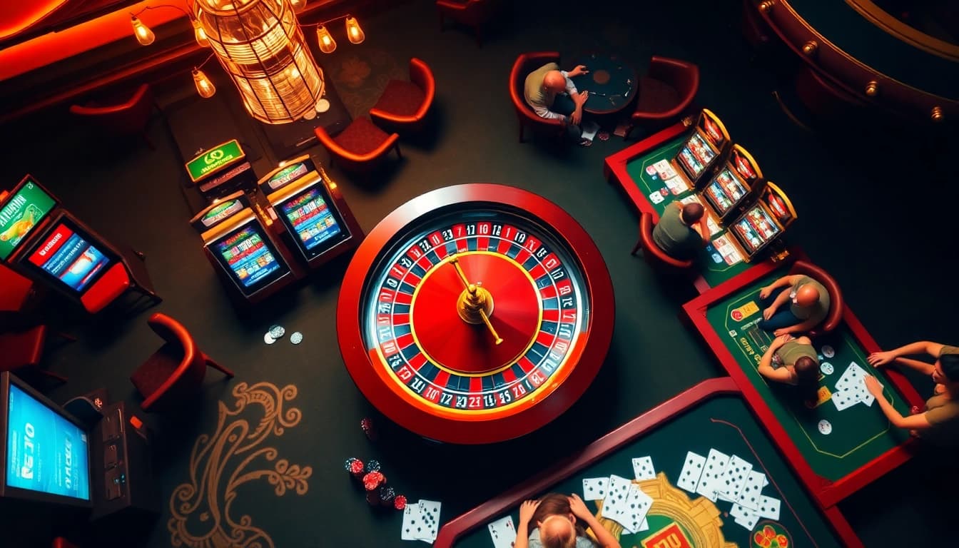 Experience the excitement of go8 online gambling with vibrant casino elements like roulette and slot machines.