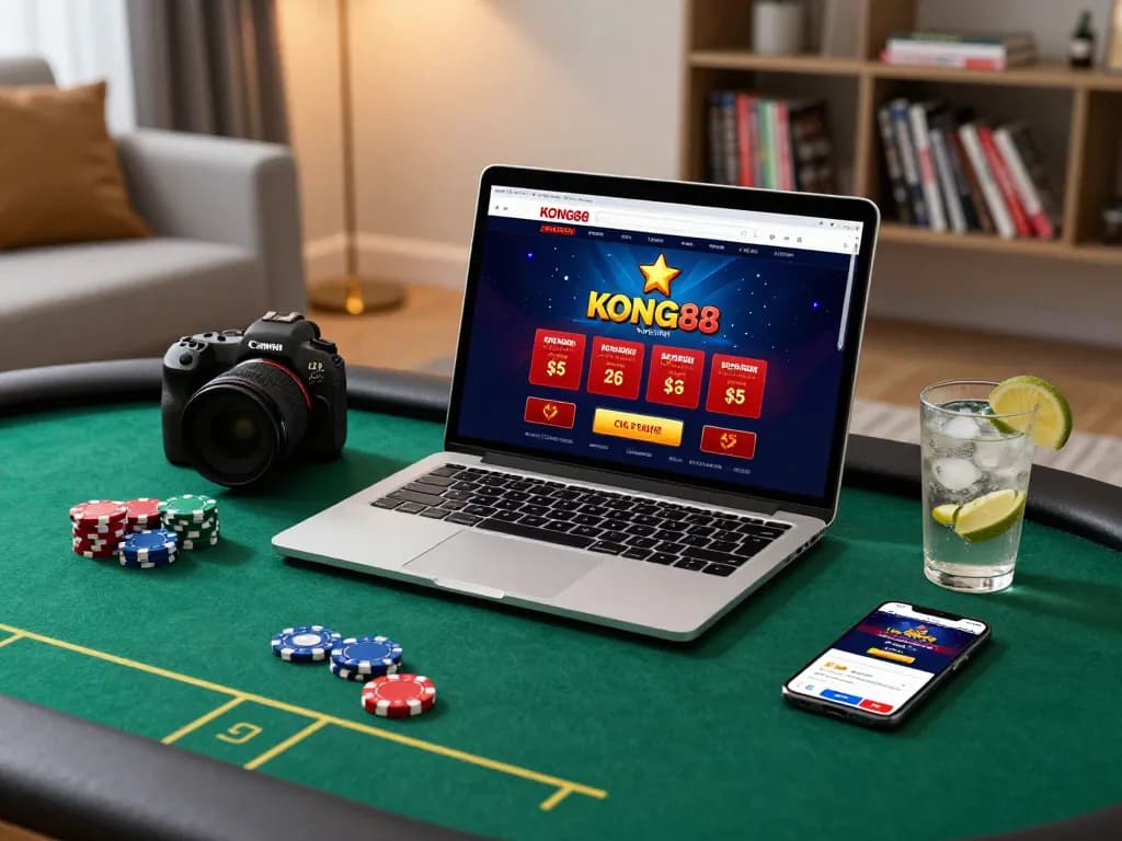 KONG88 online gaming setup showcasing laptop and smartphone for strategic betting.