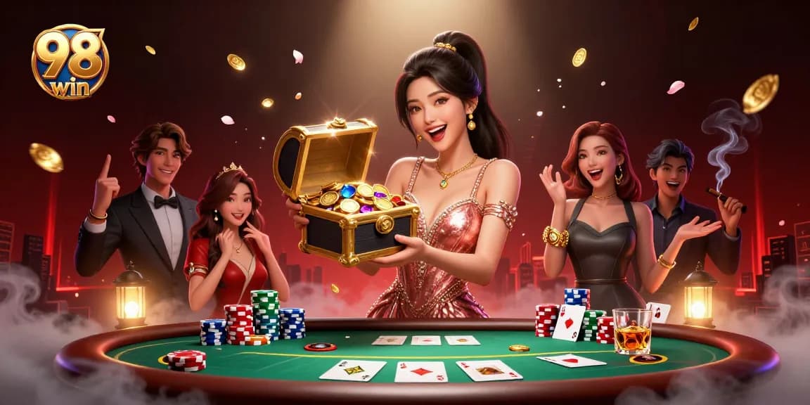 Engage with 98 win by exploring a vibrant casino scene filled with treasure and excitement.